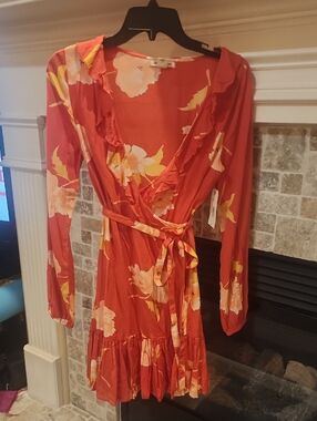 Billabong Orange Floral Ruffle Wrap Dress